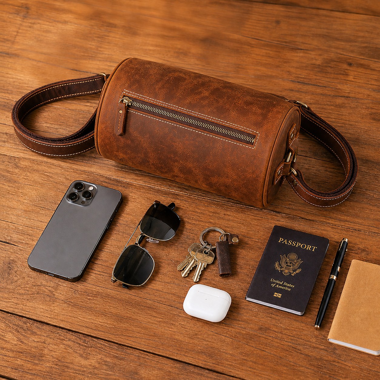 Crazy Horse leather barrel bag with a straight rear zipper beside phone wallet keys sunglasses earbuds passport and notebook
