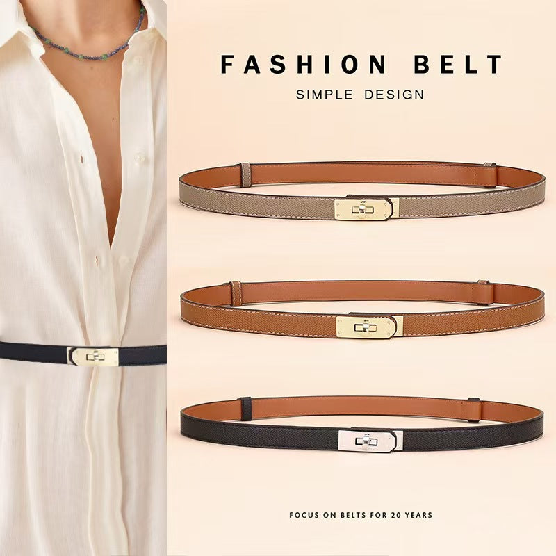 Women's Genuine Leather Skinny Belt with Gold Harness Buckle