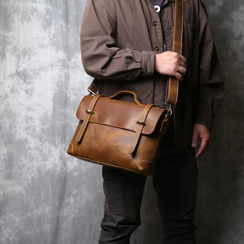 Retro Crazy Horse leather commuter handbag