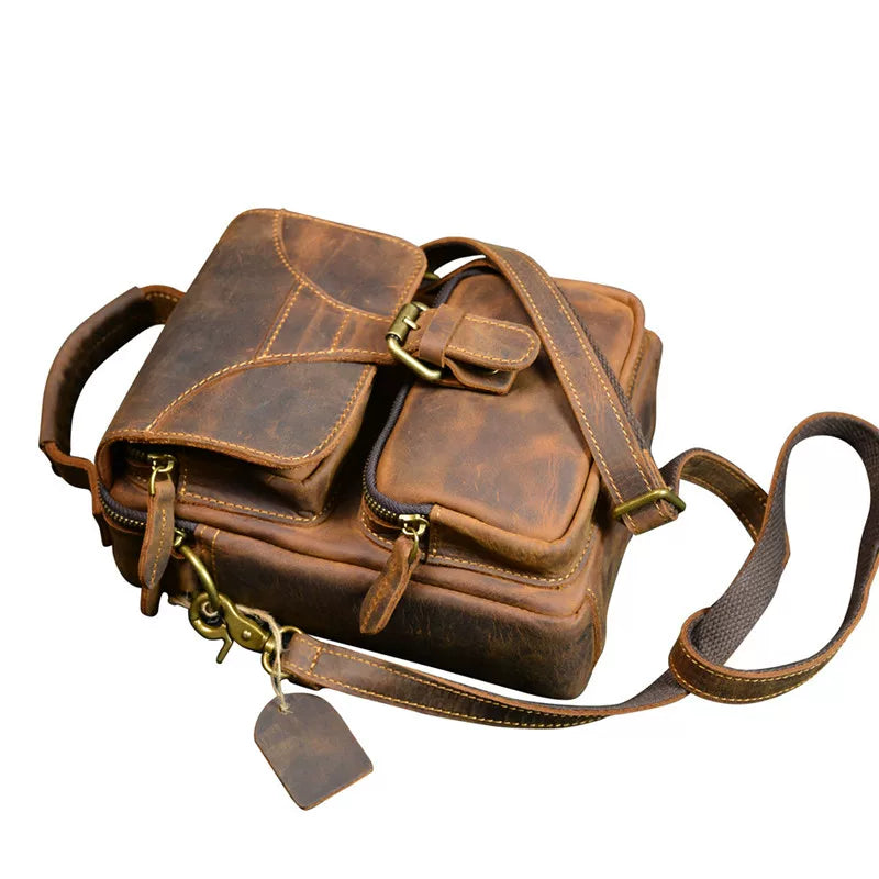 Crazy horse leather retro messenger crossbody bag