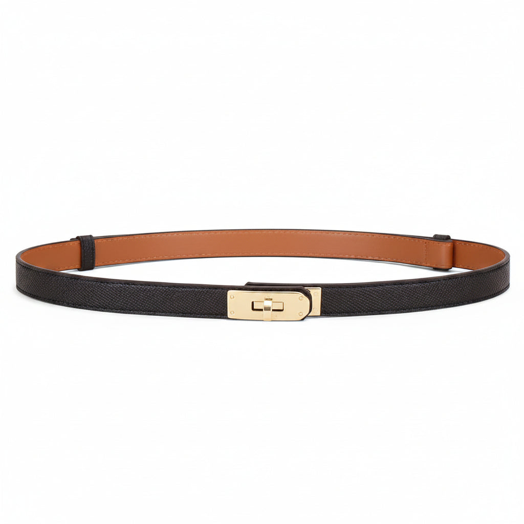 Women's Genuine Leather Skinny Belt with Gold Harness Buckle
