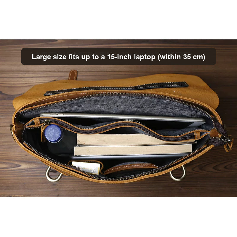 Retro crazy horse leather commuter handbag interior showing laptop and daily essentials capacity