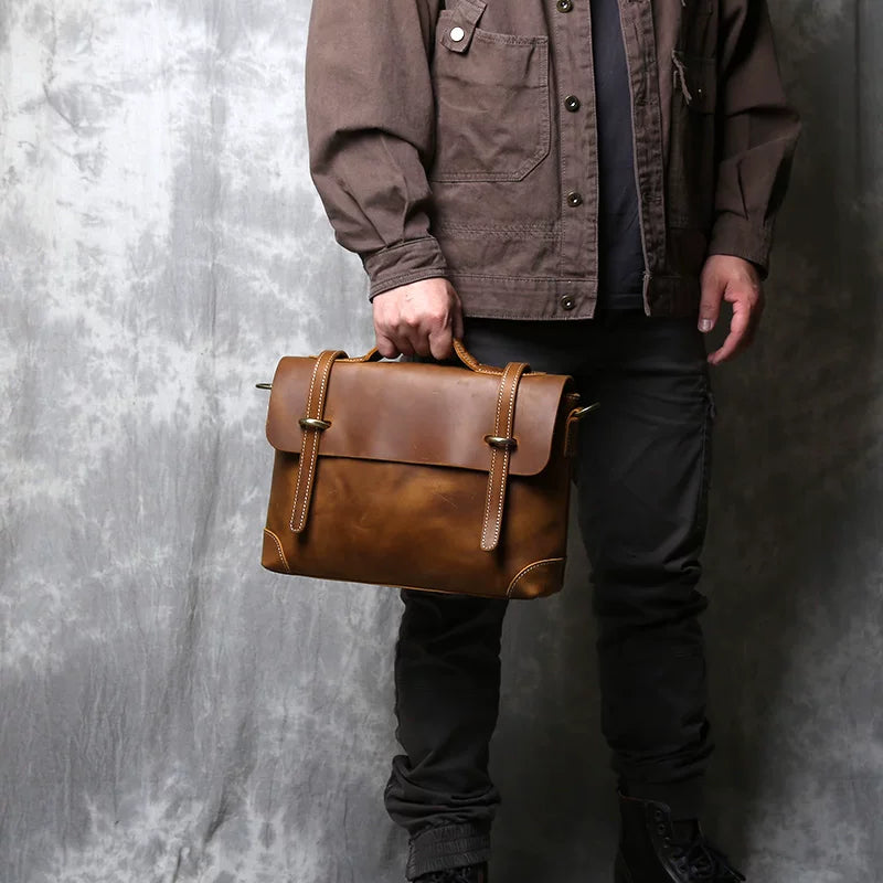 Retro Crazy Horse leather commuter handbag