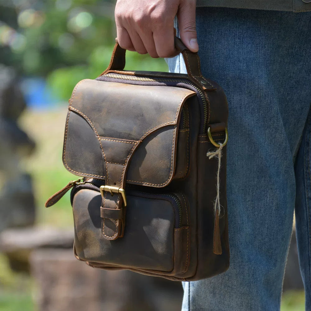 Crazy horse leather retro messenger crossbody bag