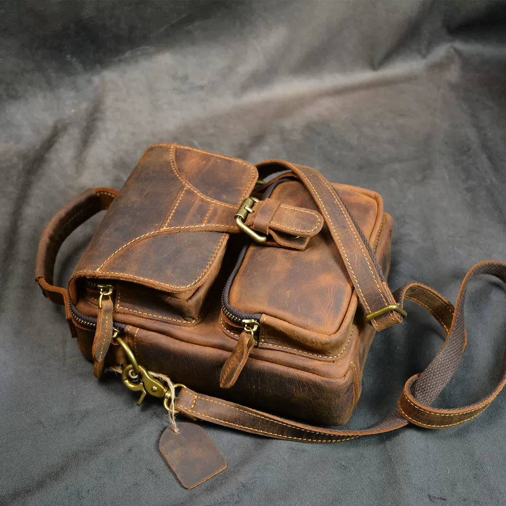 Crazy horse leather retro messenger crossbody bag