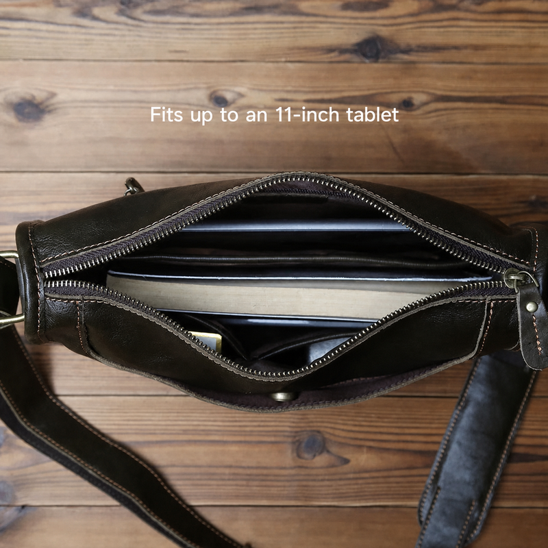 Leather crossbody bag interior fits up to an 11-inch tablet