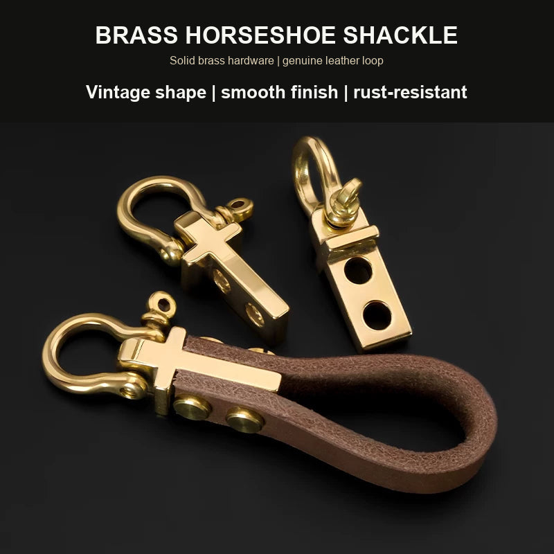 Brass horseshoe shackle with solid brass hardware and genuine leather loop