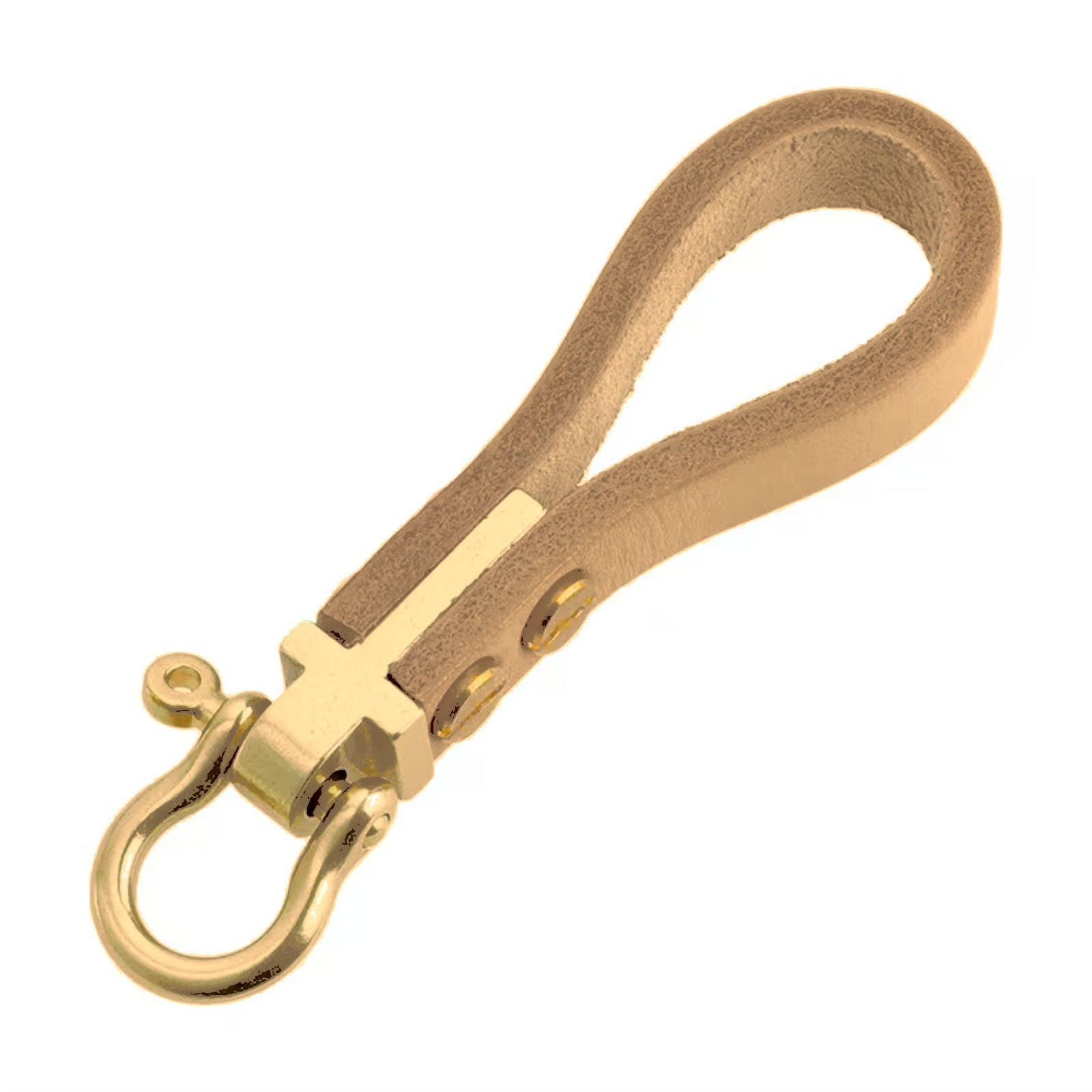 Natural brass horseshoe shackle leather keychain on white background