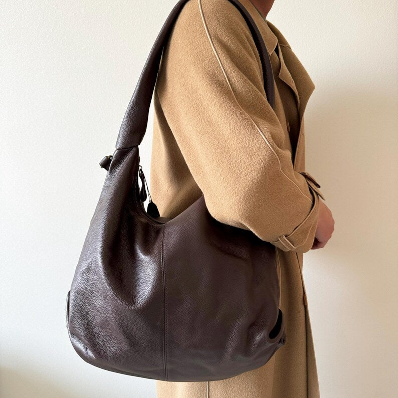 Dark brown soft genuine leather hobo tote bag with shoulder strap