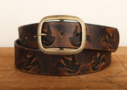 Sparrow Distressed Leather Belt | Handmade Full Grain Leather Western Belt | Vintage Bird Embossed Snap Belt