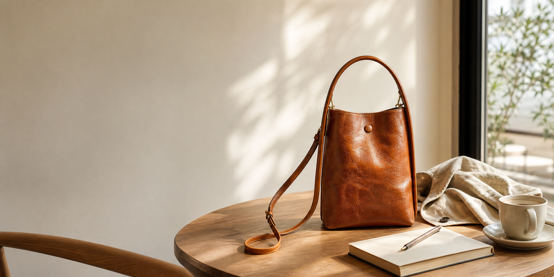 Brown leather bucket bag resting on a cafe table in warm daylight
