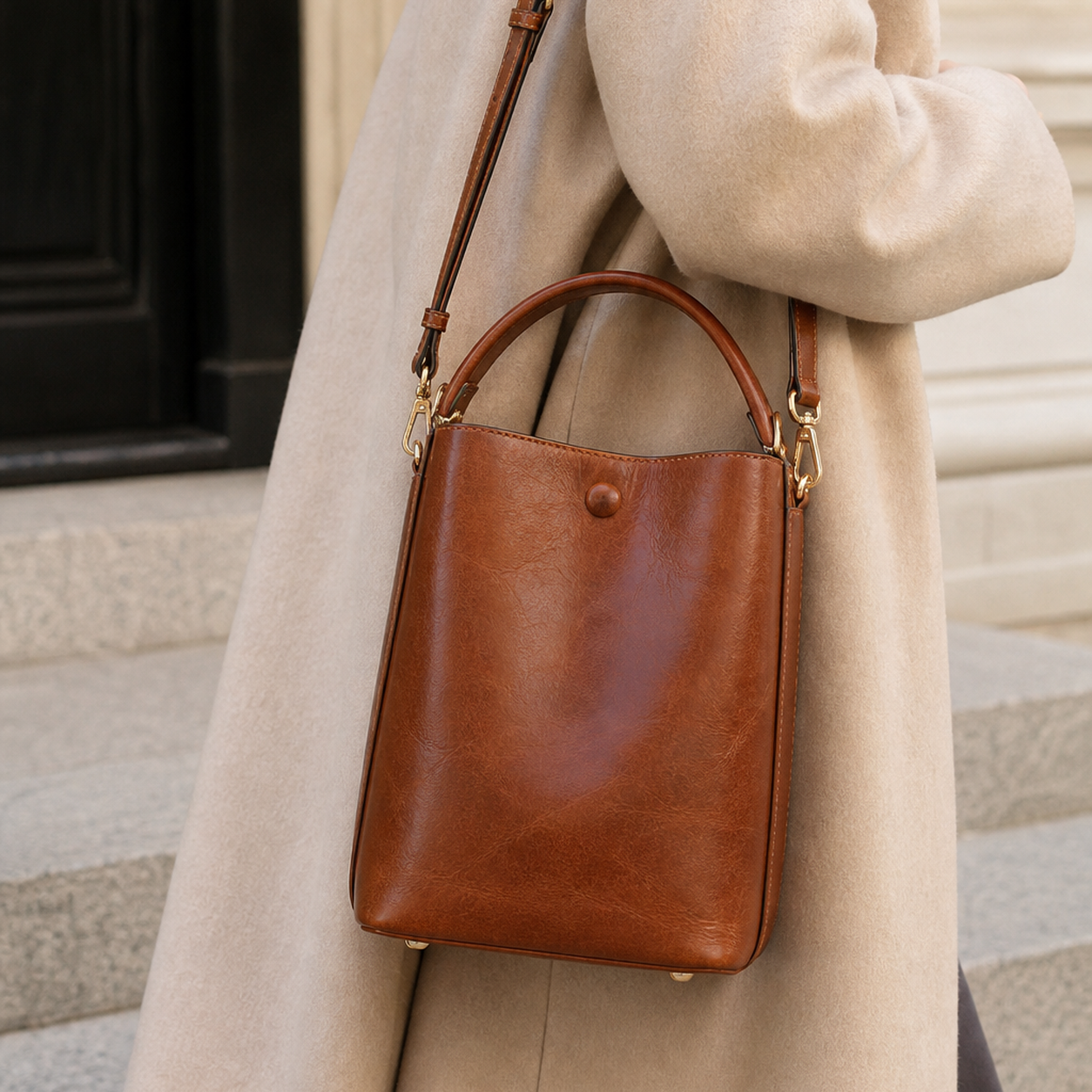 Brown leather bucket bag worn with a neutral coat for a city commute