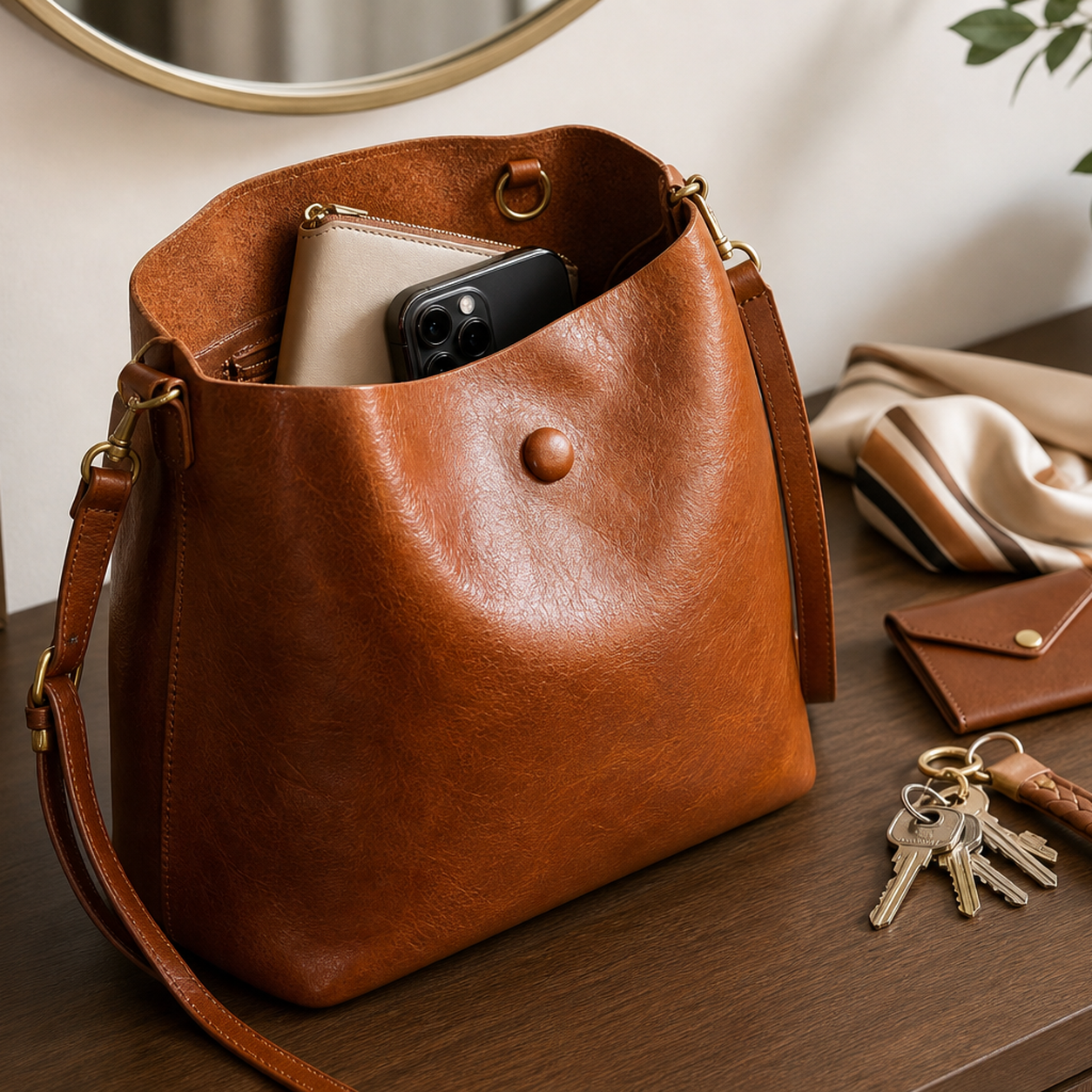Brown leather bucket bag holding everyday essentials on an entry table