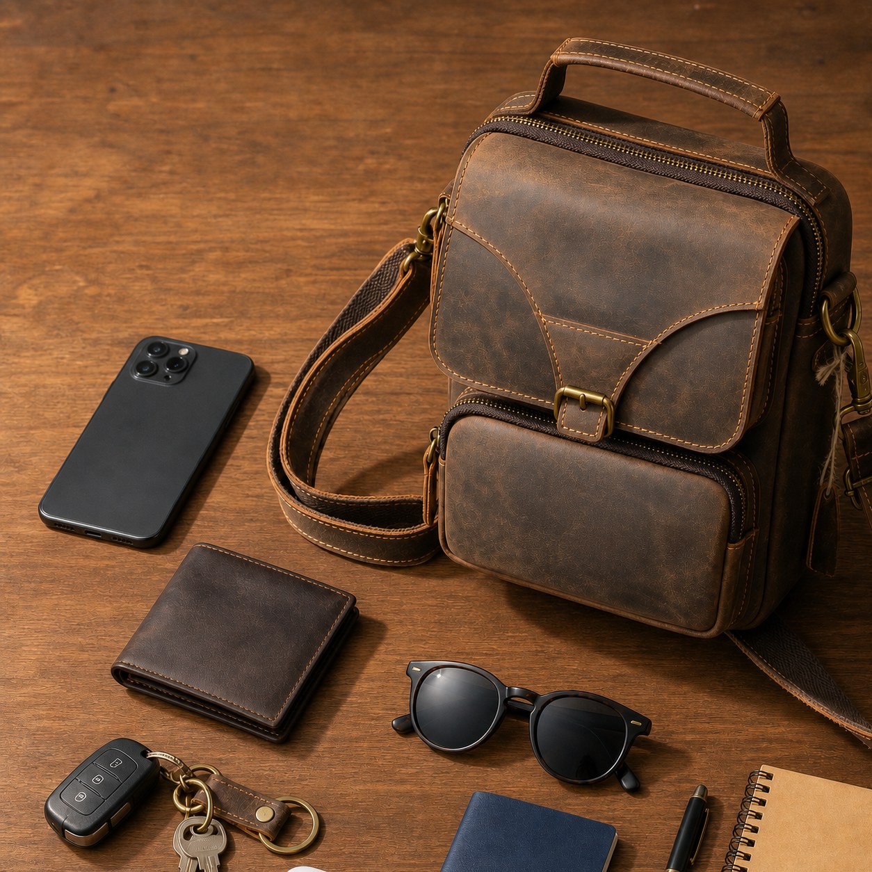Messenger bag arranged with phone wallet keys sunglasses passport pen and notebook