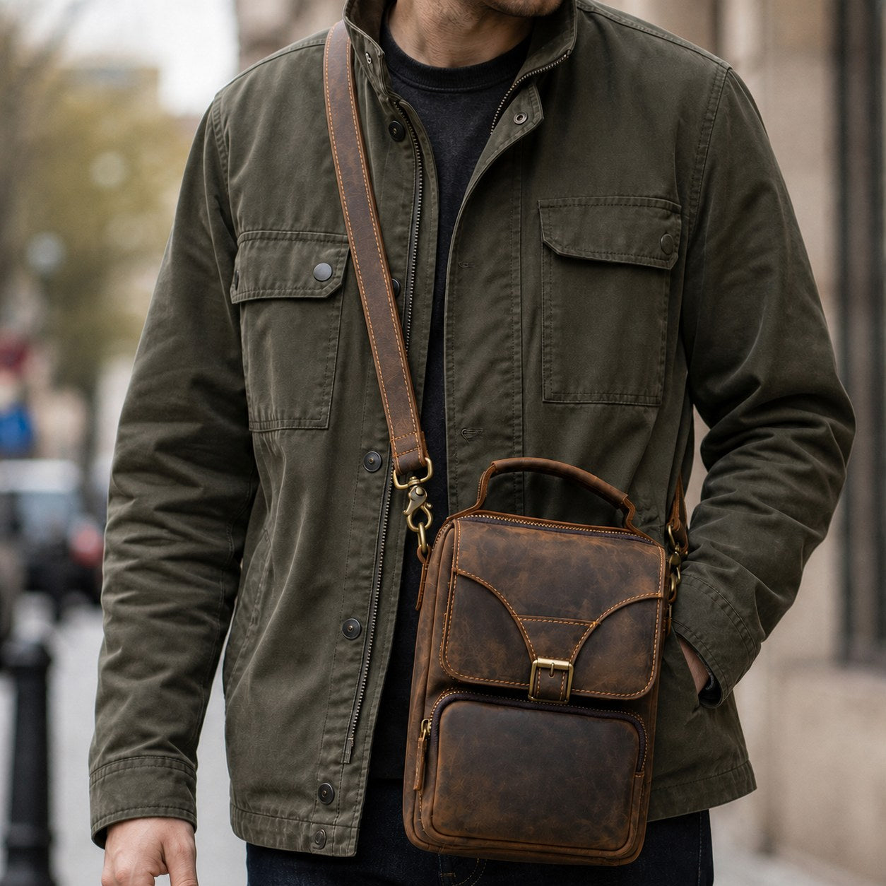 Retro brown Crazy Horse leather messenger bag worn crossbody on a city commute
