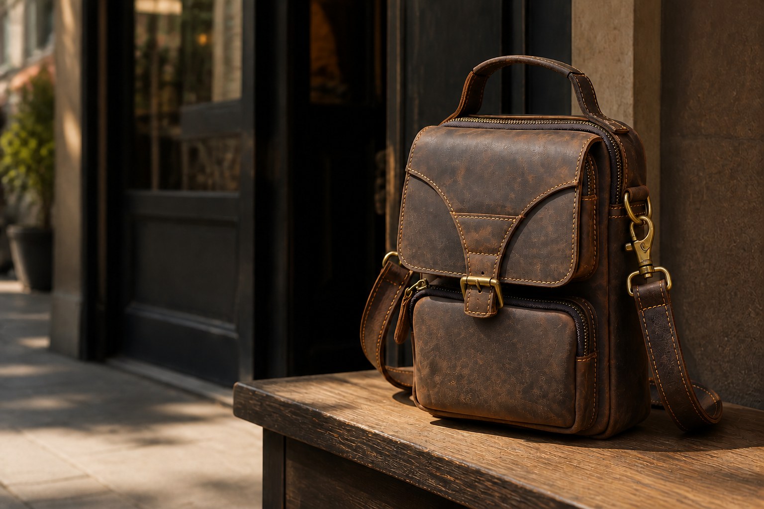 Retro brown Crazy Horse leather messenger bag beside a city cafe