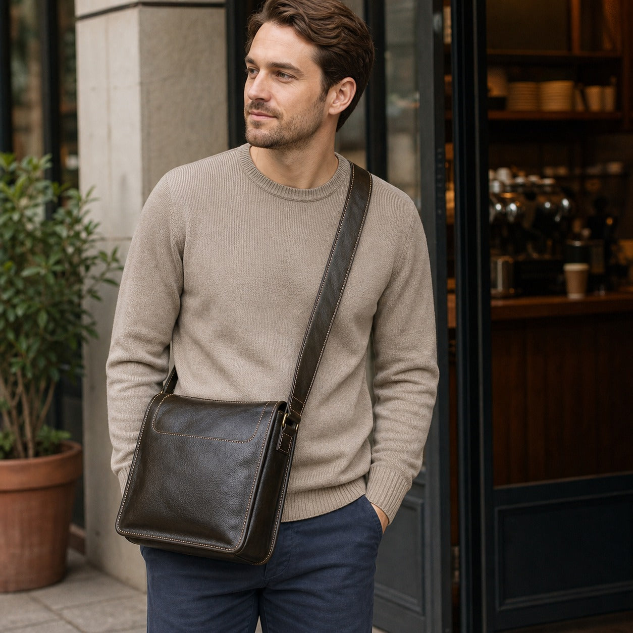 Men wearing a dark leather crossbody bag during a daily commute