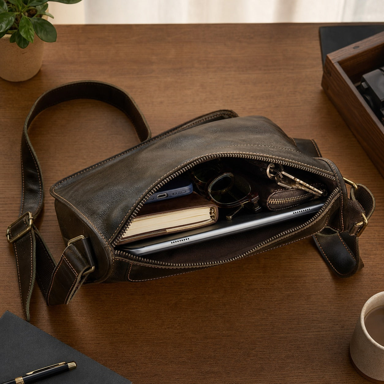 Open leather crossbody bag with tablet phone wallet keys sunglasses and notebook