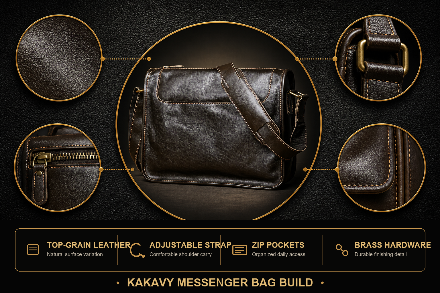 Black and gold detail information for top grain leather messenger bag