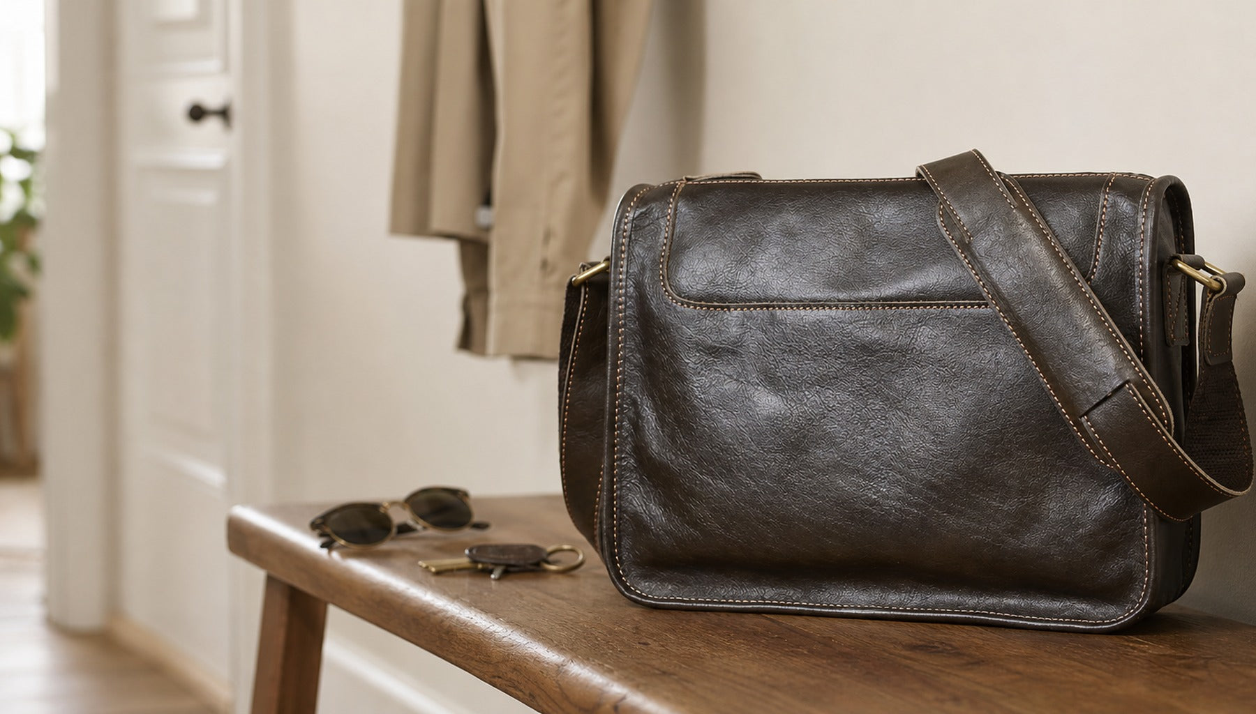 Men's dark leather crossbody bag on a warm entryway bench