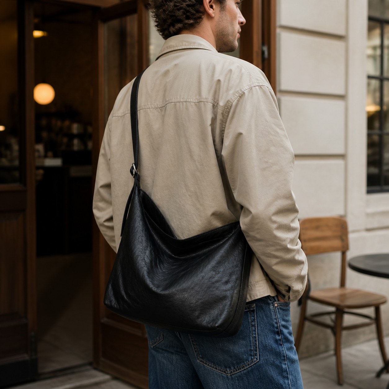 Man wearing a black genuine leather shoulder bag for daily carry