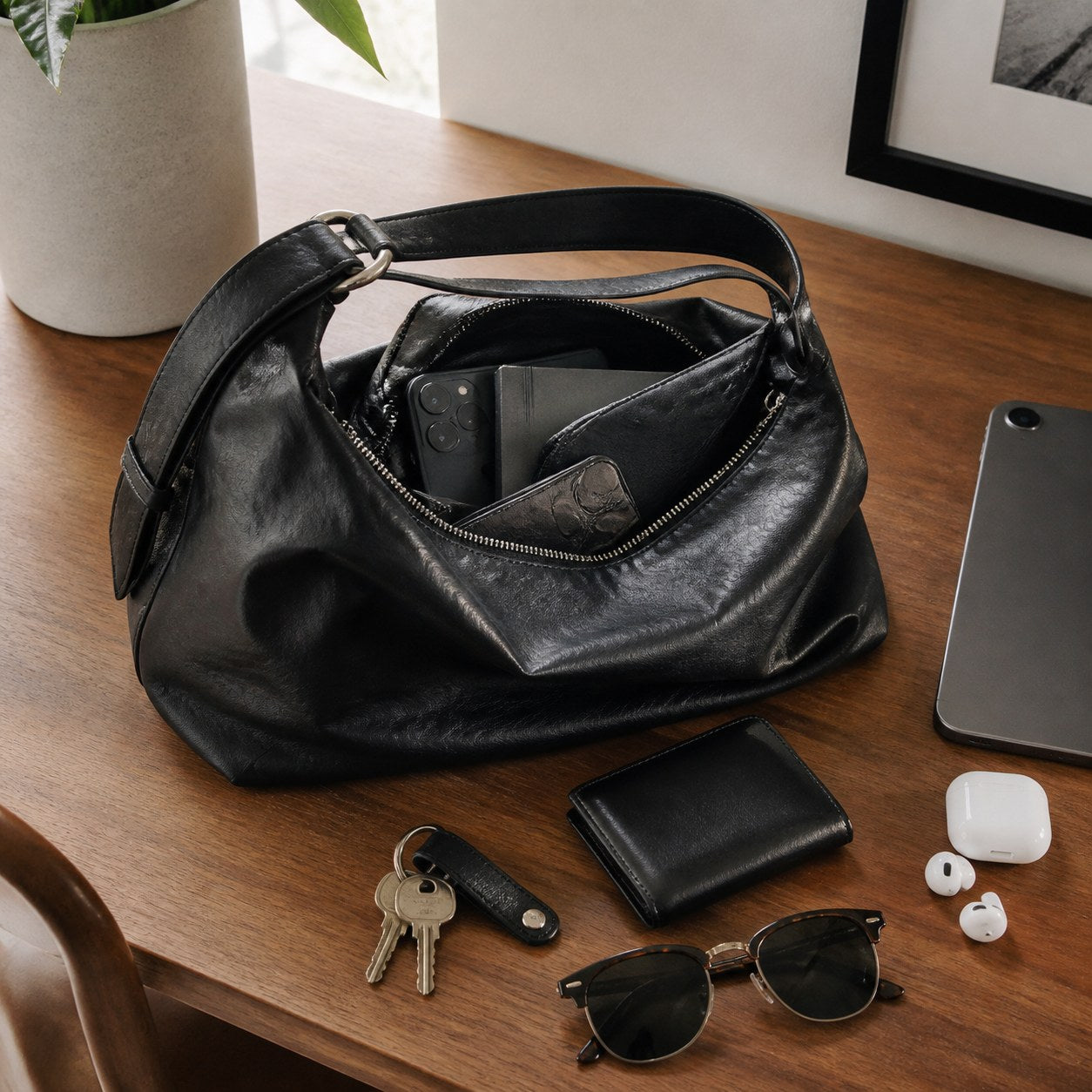 Open black leather shoulder bag with phone wallet keys sunglasses earbuds and tablet on a wooden table