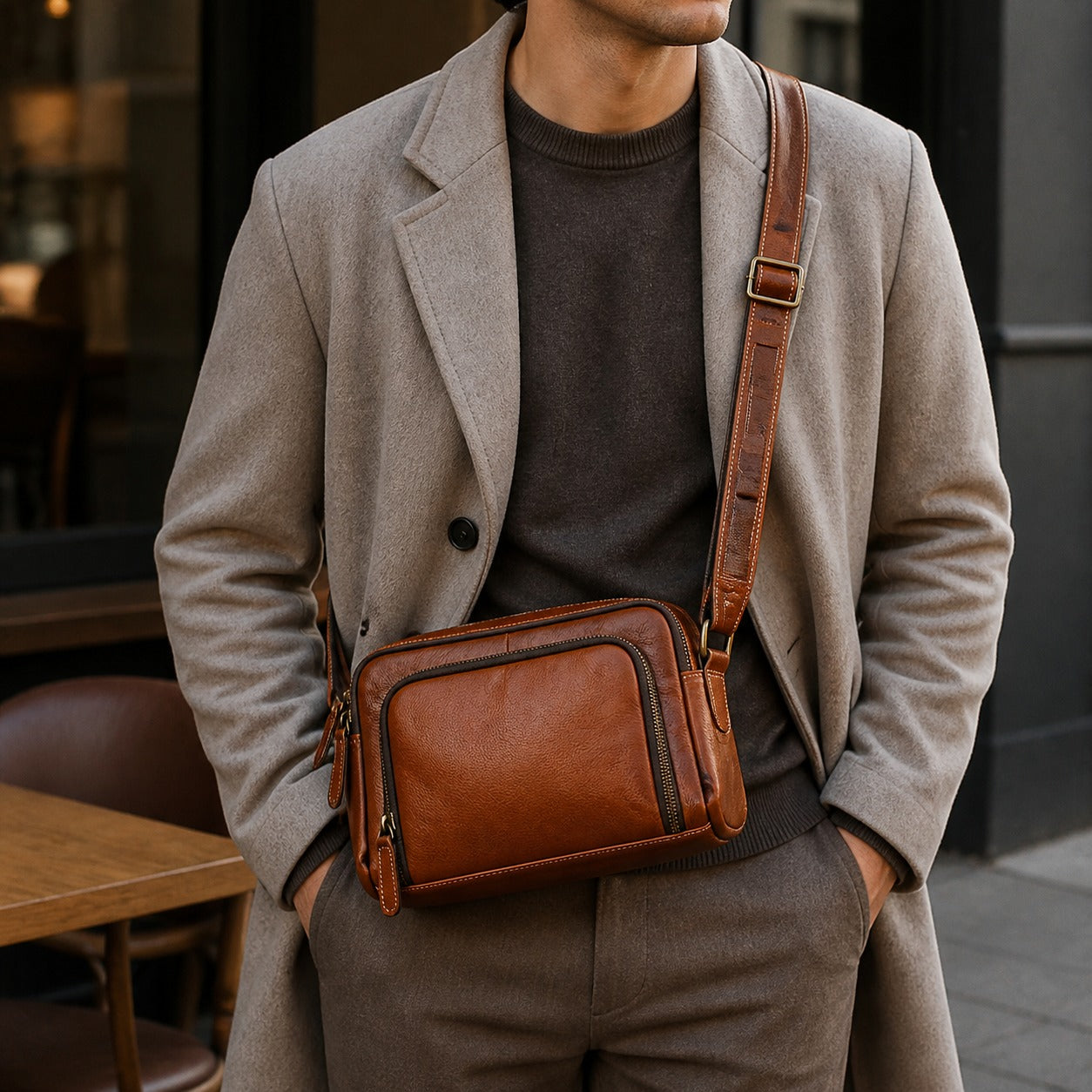 Vintage brown vegetable-tanned leather crossbody bag worn with a neutral coat