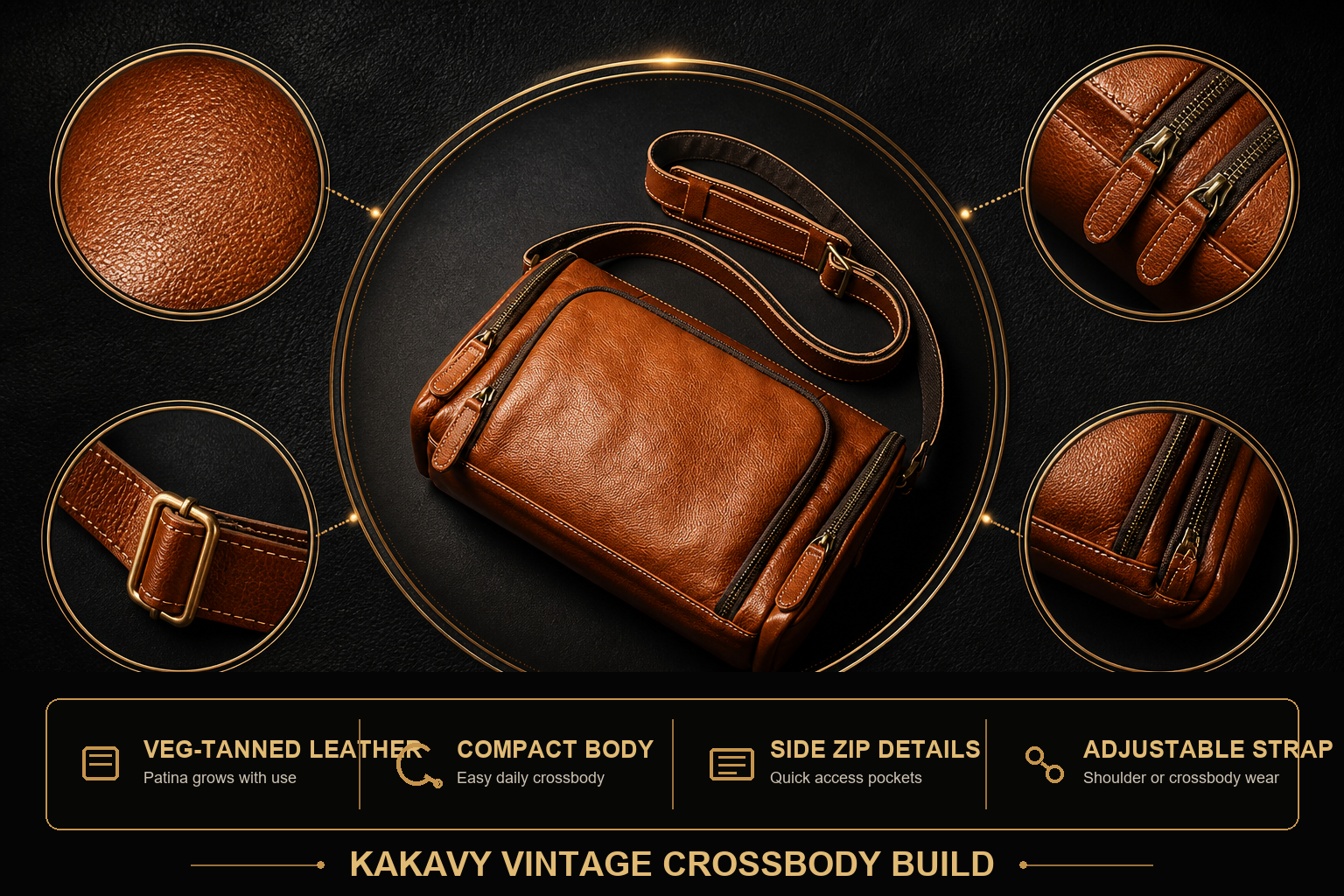 Black and gold detail information for vintage leather crossbody bag