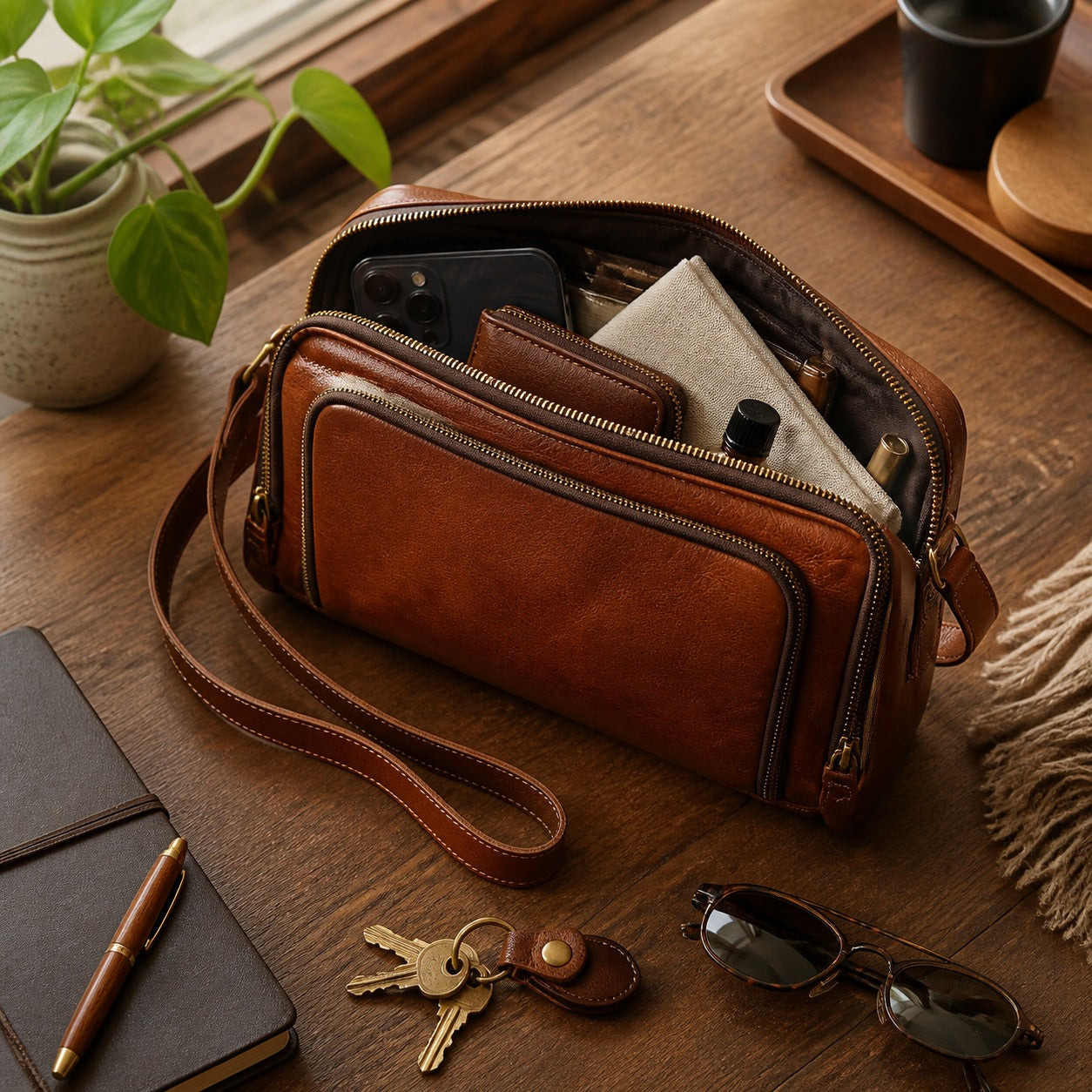 Open vintage brown leather crossbody bag with phone wallet keys sunglasses and notebook on a wooden desk