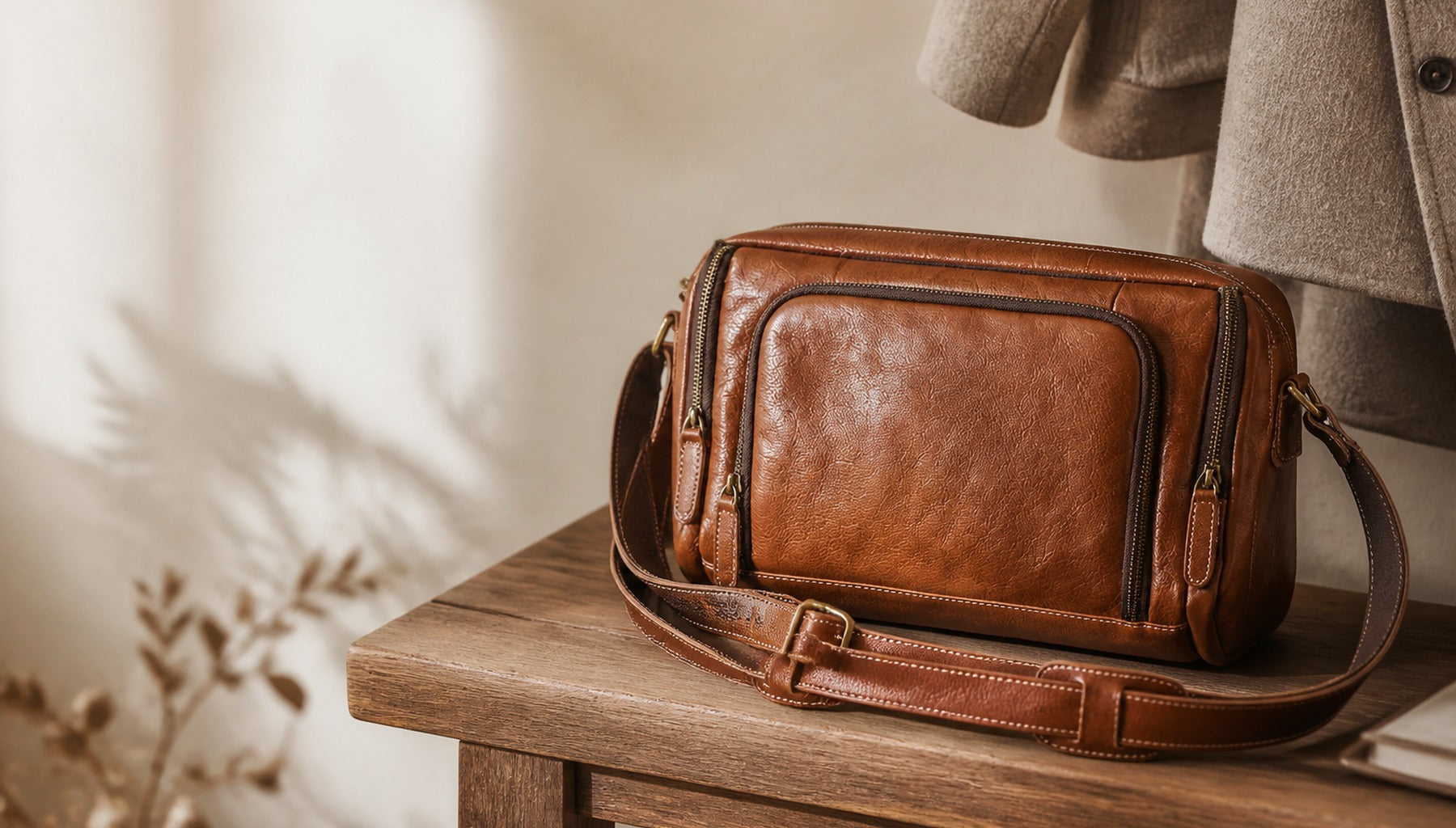 Vintage vegetable-tanned leather crossbody bag on a wooden entryway bench