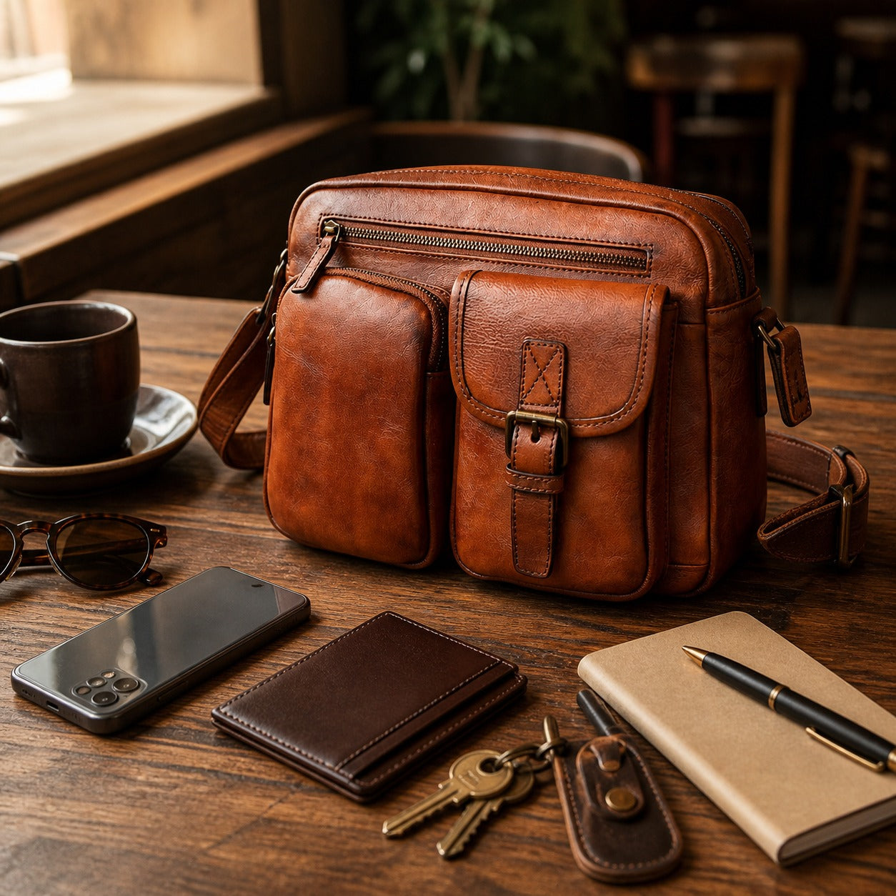 Vintage brown leather crossbody bag with phone wallet keys sunglasses and notebook on a cafe table