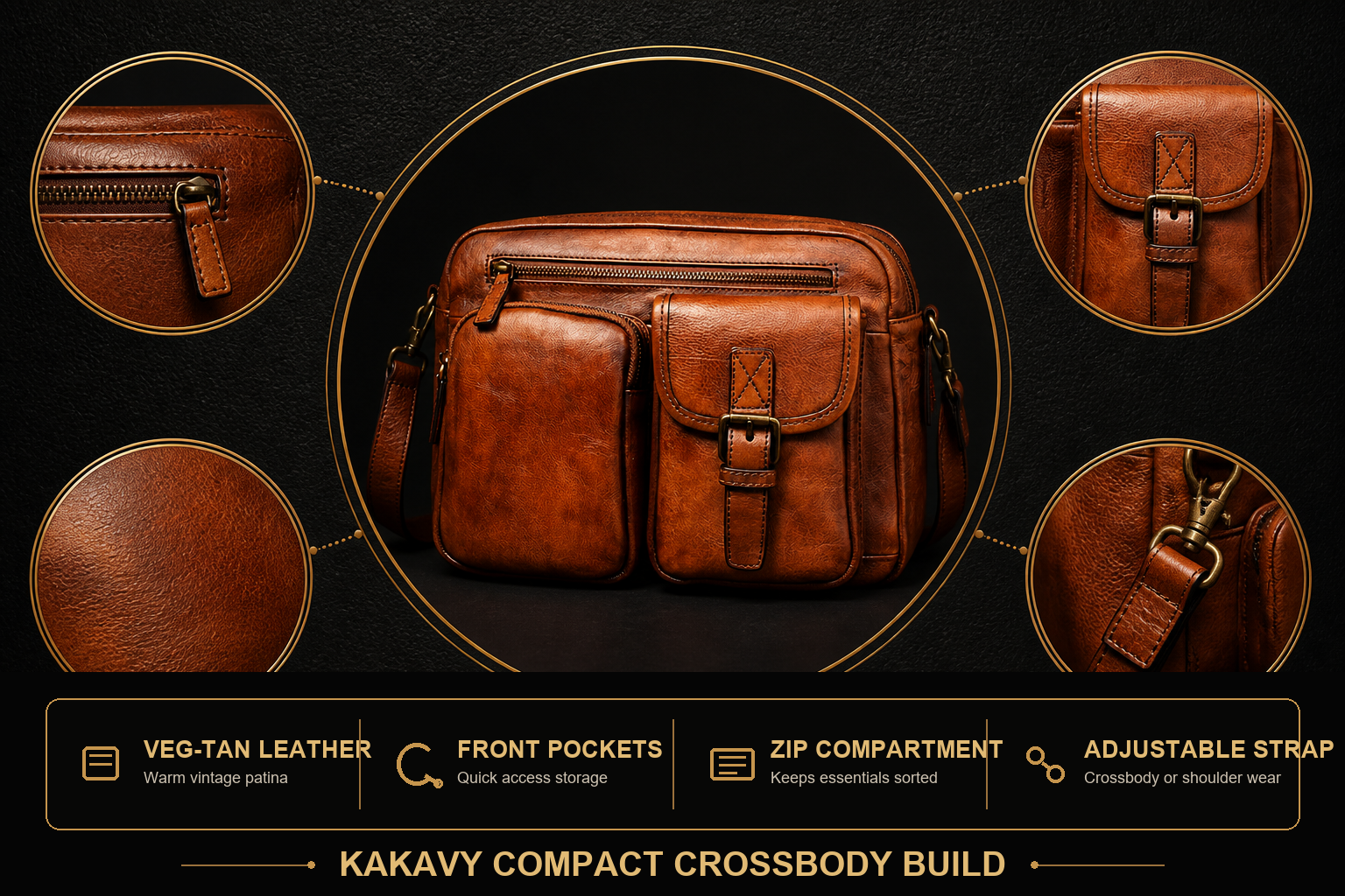 Black and gold detail information for compact vegetable tanned leather crossbody bag