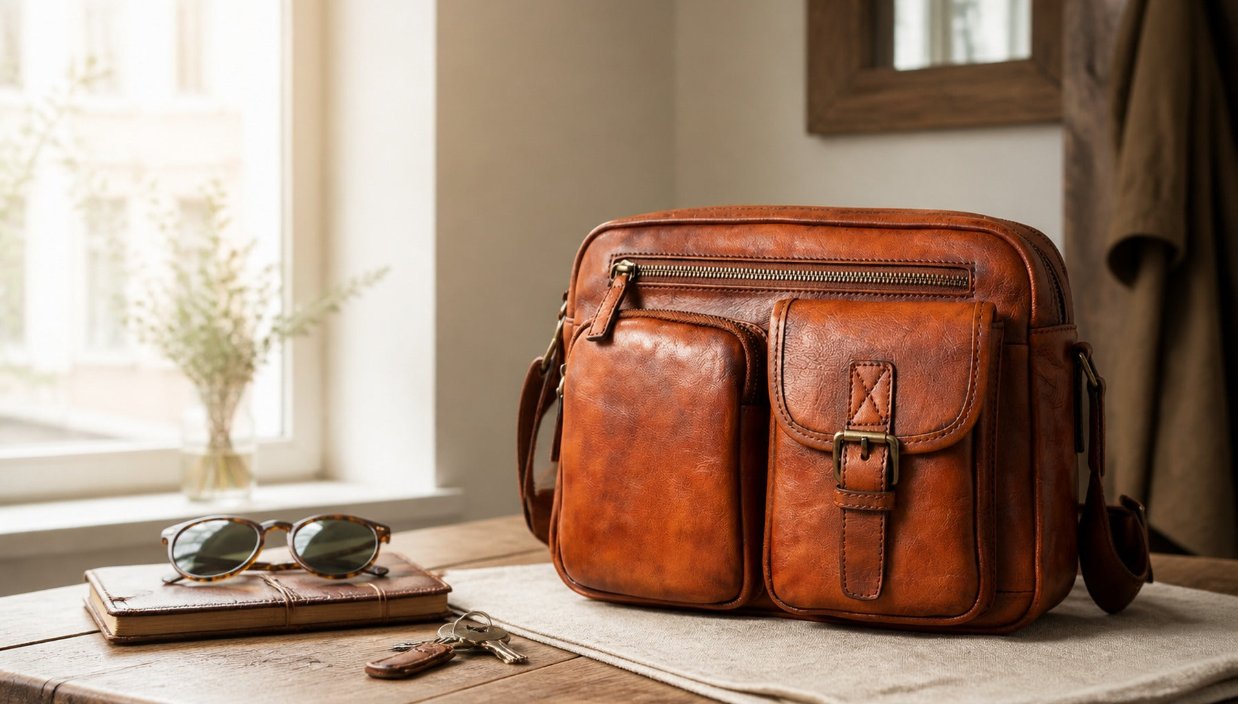 Vintage vegetable-tanned leather crossbody bag on a warm wooden table