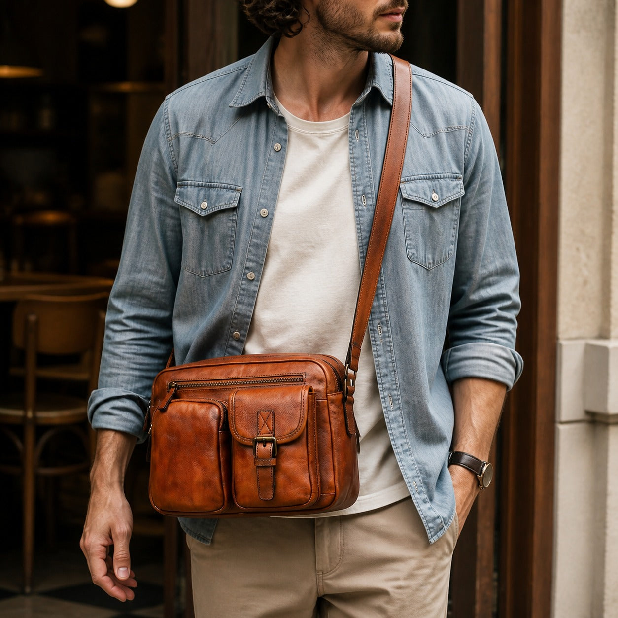 Vintage brown vegetable-tanned leather crossbody bag worn with casual denim