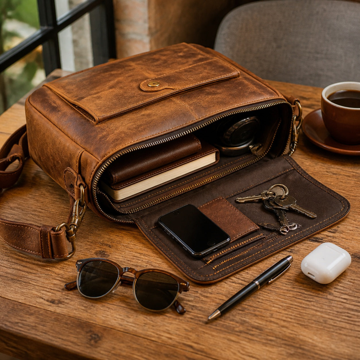 Open retro crazy horse leather commuter handbag with phone wallet keys notebook sunglasses earbuds and pen