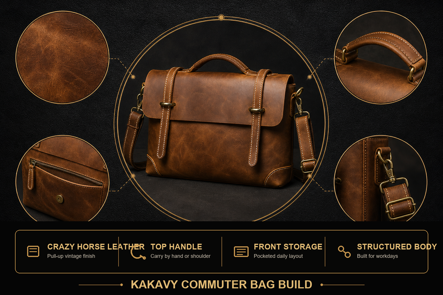 Black and gold detail information for crazy horse leather commuter handbag