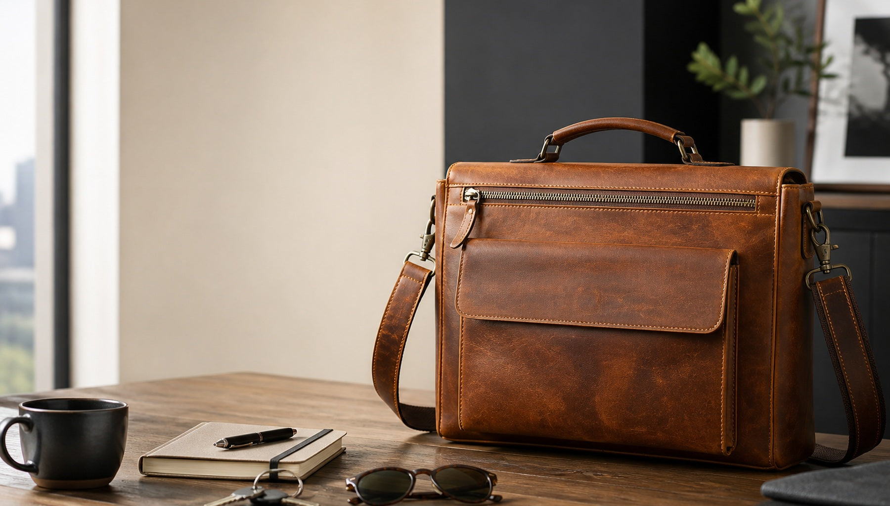Retro crazy horse leather commuter handbag on a warm wooden work desk