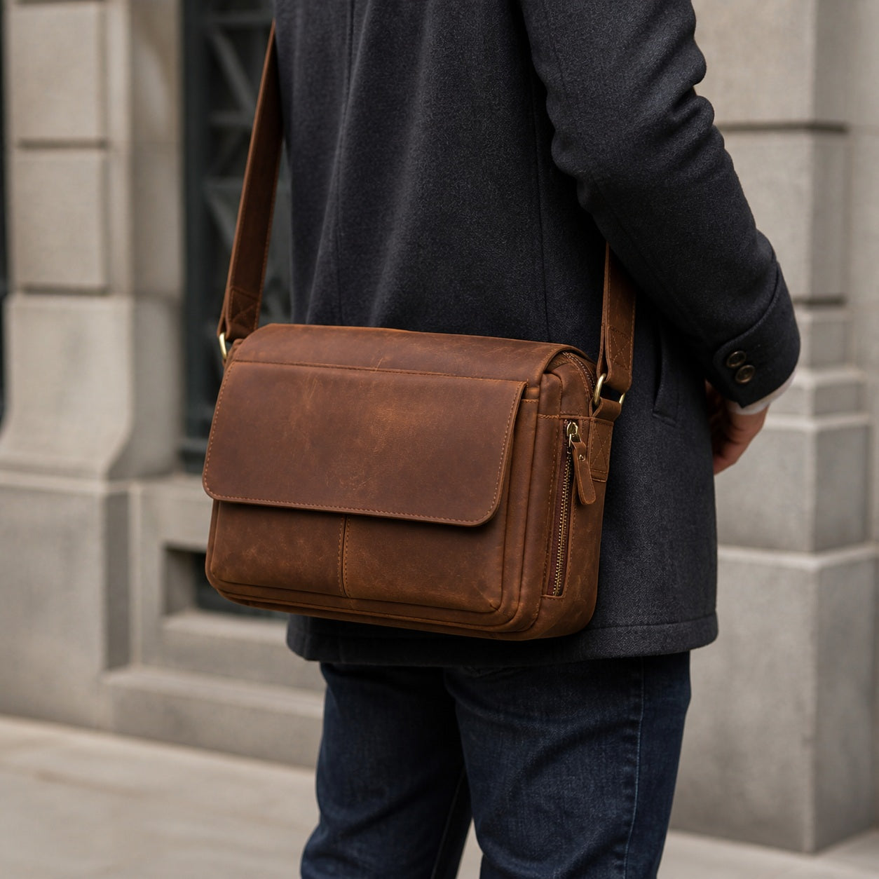 Retro brown crazy horse leather commuter handbag worn crossbody with a dark coat