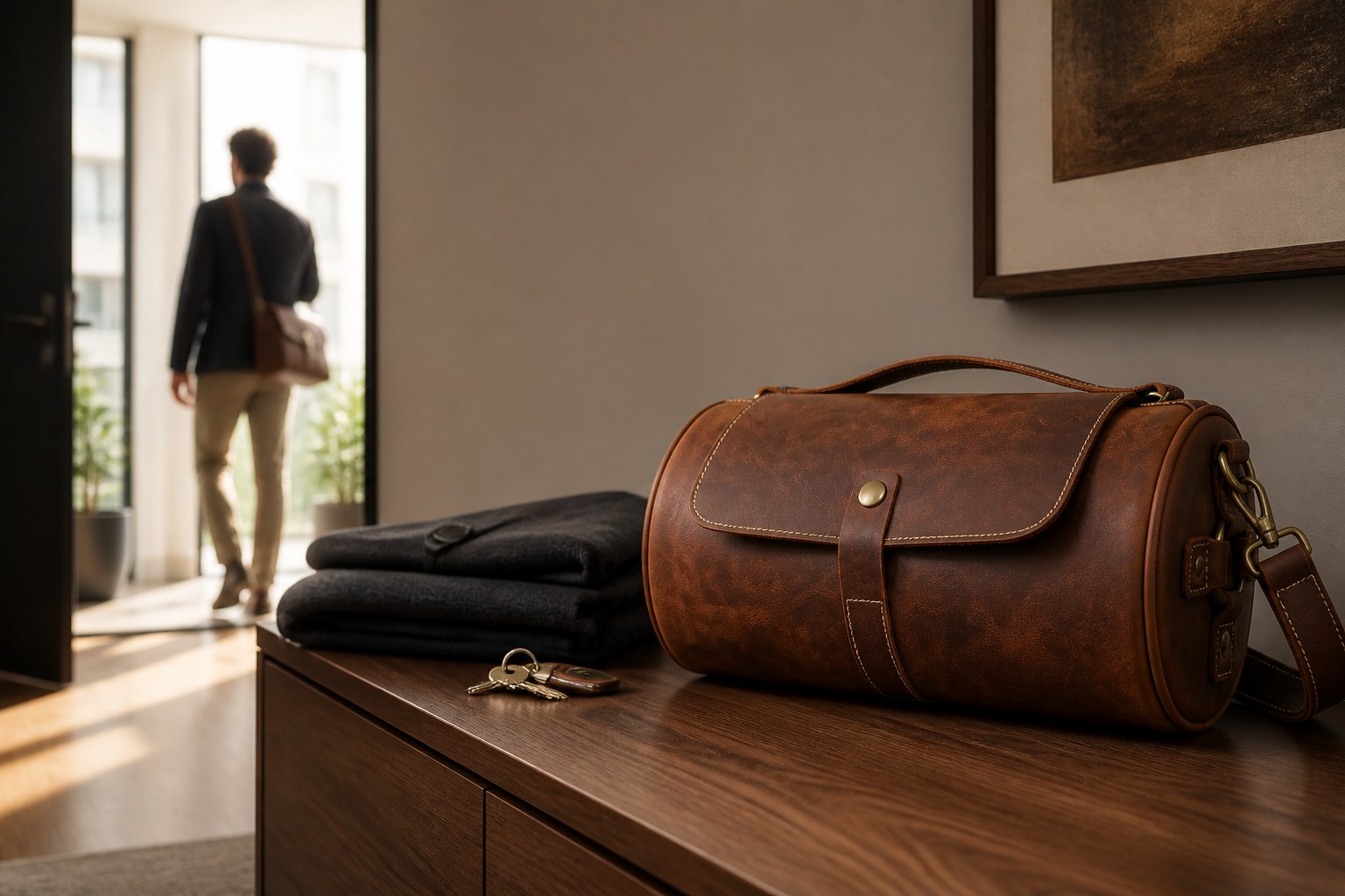 Crazy Horse leather barrel bag ready for a daily commute