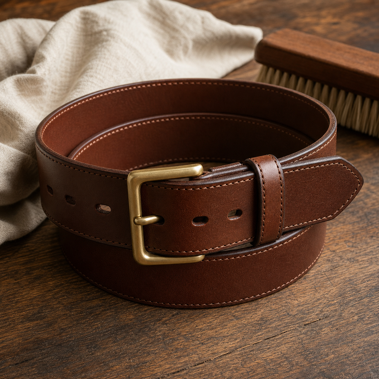 Close view of brown leather belt stitching, brass buckle, holes, and finished edges on a wood surface
