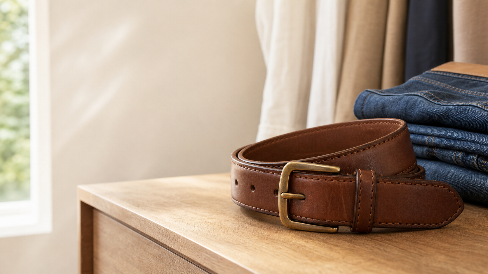 Brown full grain leather belt with brass buckle on a warm wardrobe surface beside denim