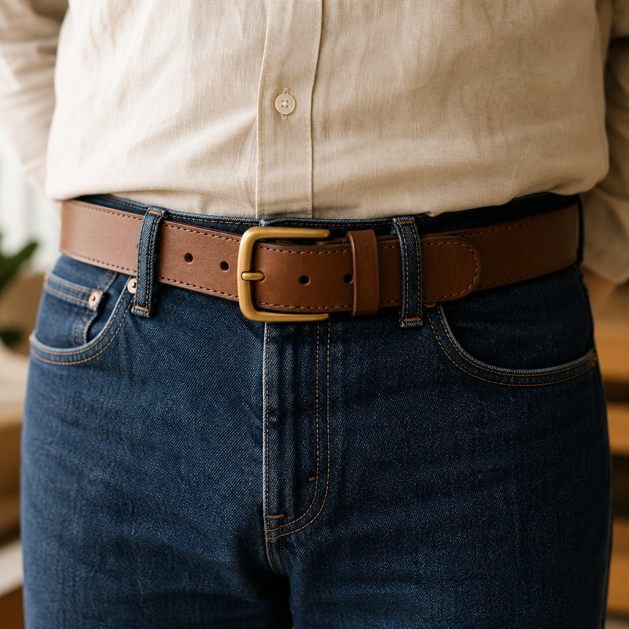 Brown leather belt worn with denim jeans and a neutral shirt