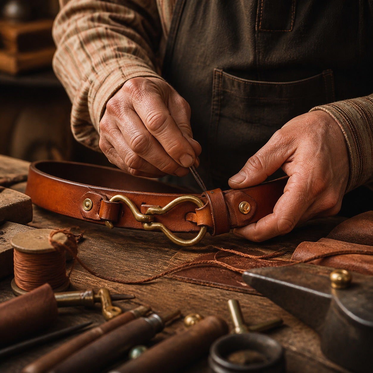 Artisan hands finishing a cowhide leather belt with antique brass hook buckle on a workbench