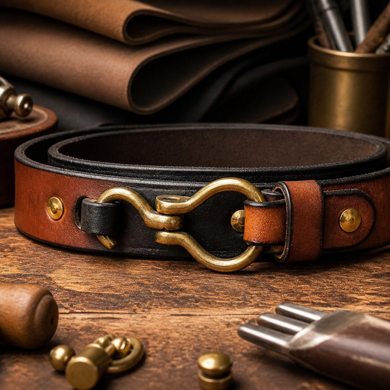 Close-up of brass hook buckle and cowhide leather belt details