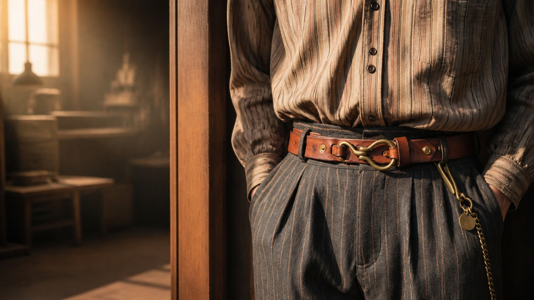 First-layer cowhide leather belt with brass hook buckle worn with pleated trousers