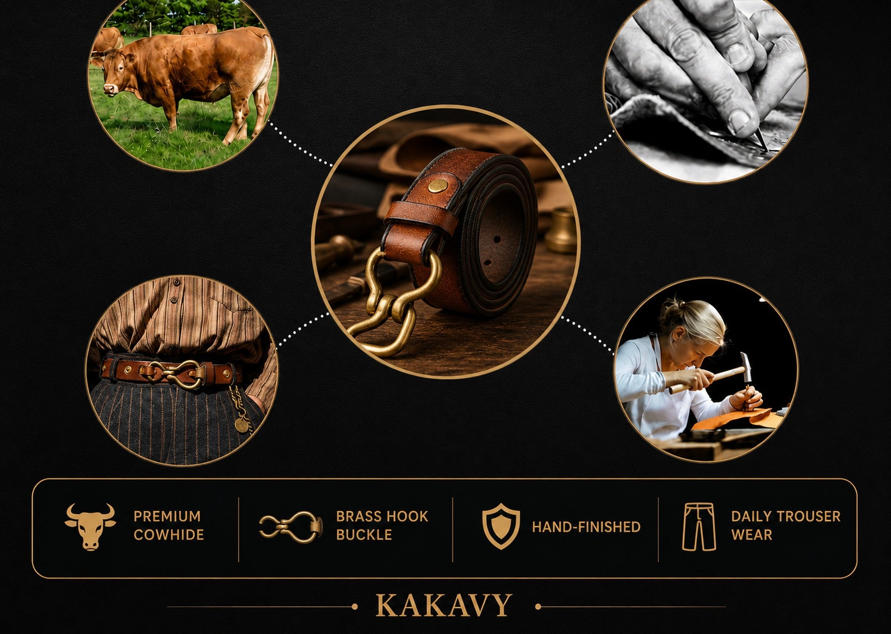 Black and gold cowhide belt infographic showing brass hook buckle, craft process, and daily trouser wear