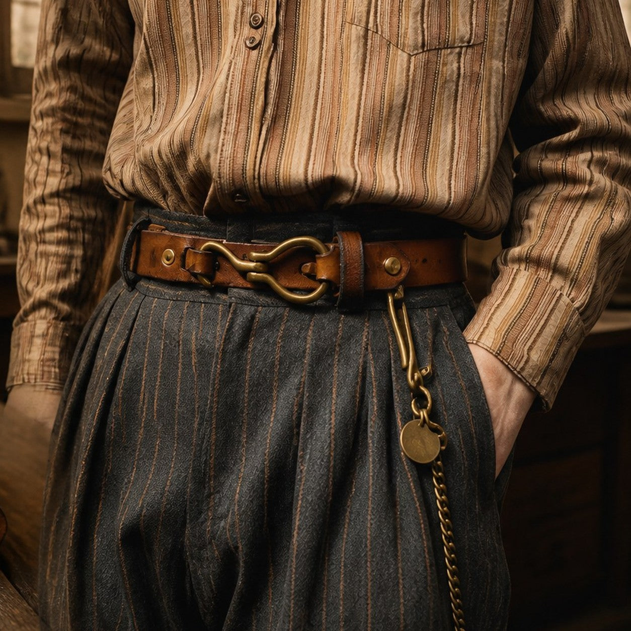 Brown cowhide brass hook buckle belt worn with pleated trousers