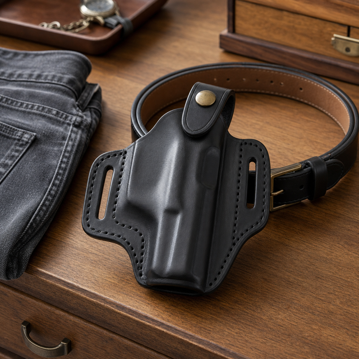 Black molded leather OWB holster beside a belt and folded denim on a wood surface