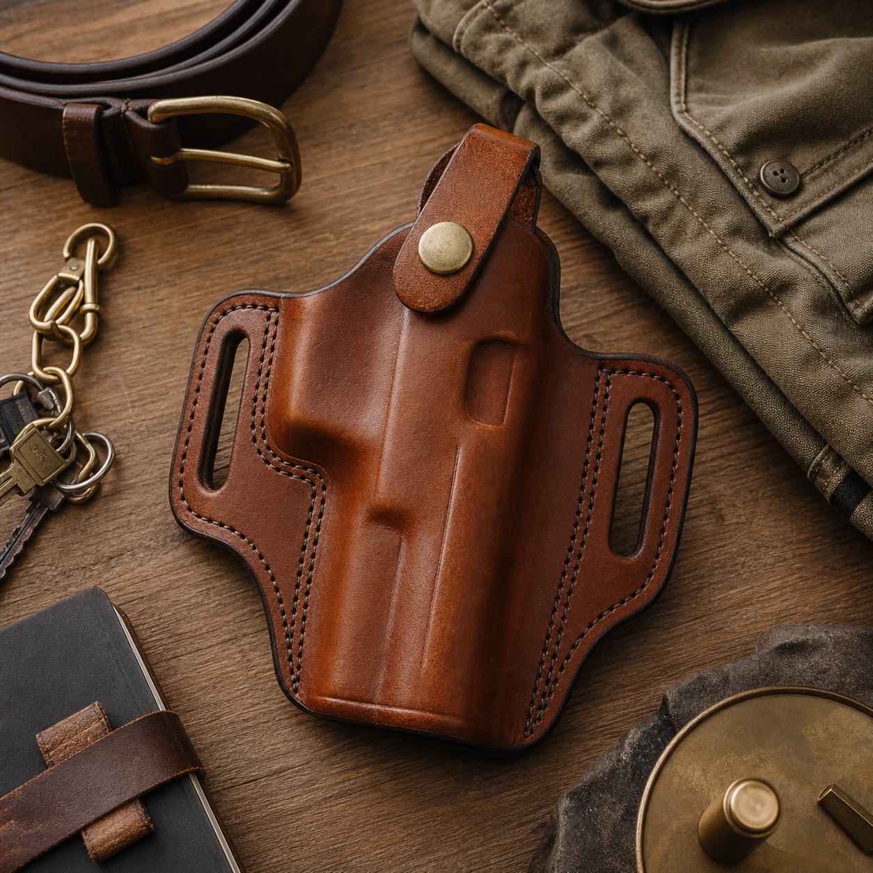 Brown molded leather OWB holster on an everyday carry table with belt and keys