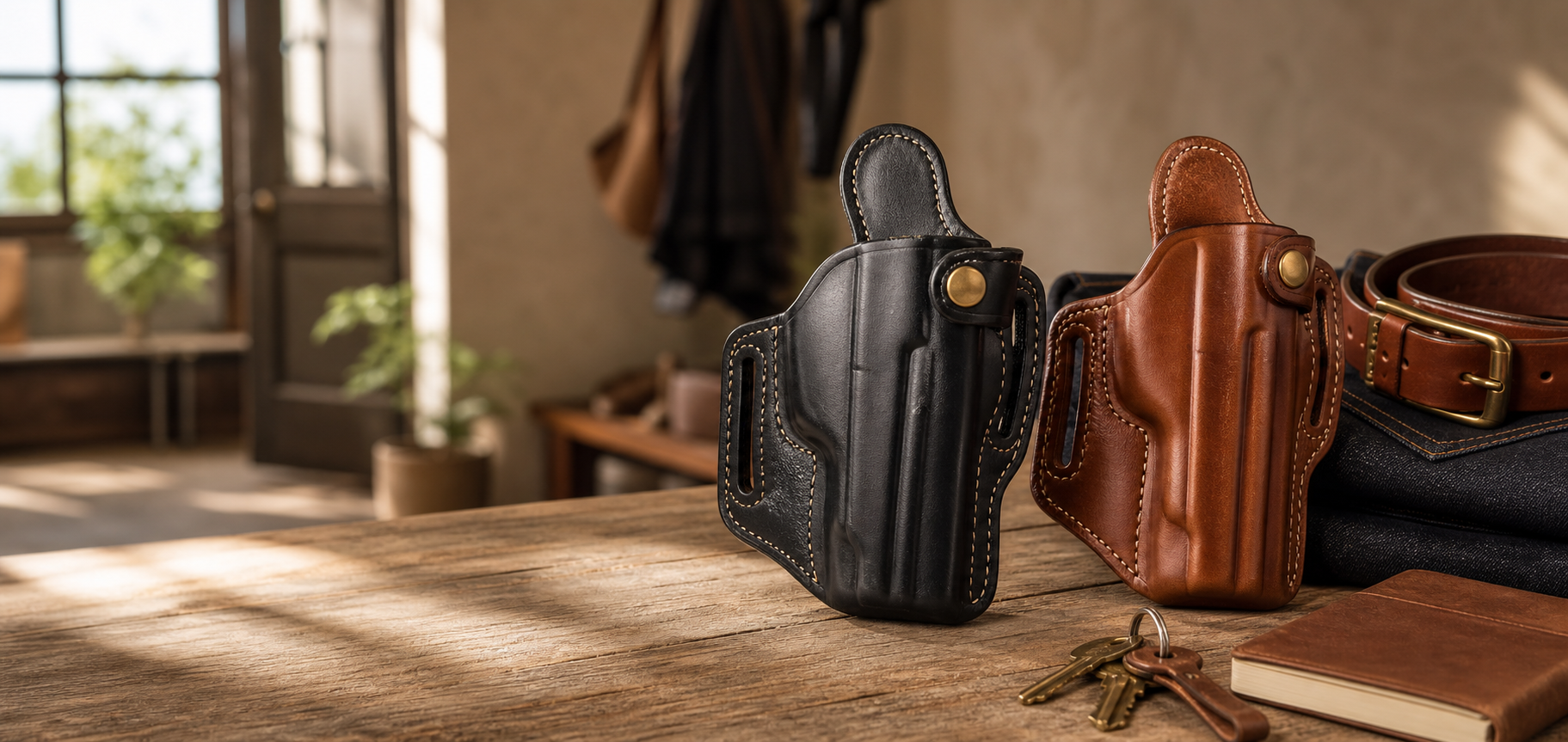 Black and brown molded leather OWB holsters on a wood bench with belt and everyday carry accessories